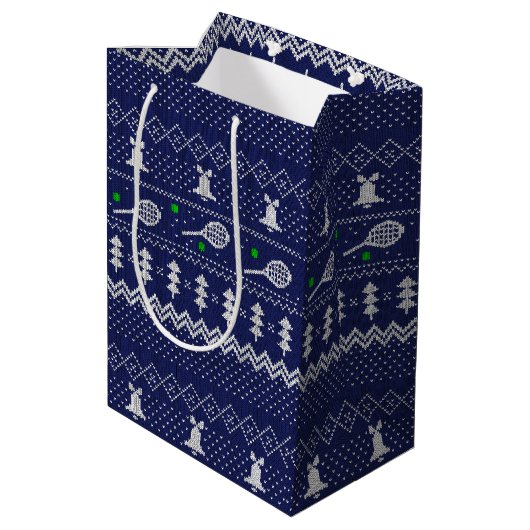 Tennis-kerstkeuken van breipatroonblauw medium cadeauzakje (Achterkant Gekanteld)