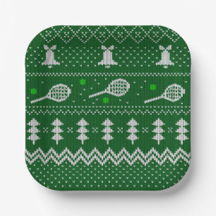 Tennis-kerstkeuken van breipatroongroen papieren bordje