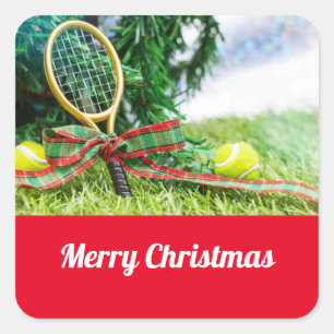 Tennis Kerstmis met bal en racket op boom Vierkante Sticker