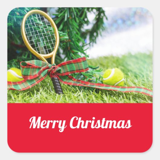 Tennis Kerstmis met bal en racket op boom Vierkante Sticker (Voorkant)