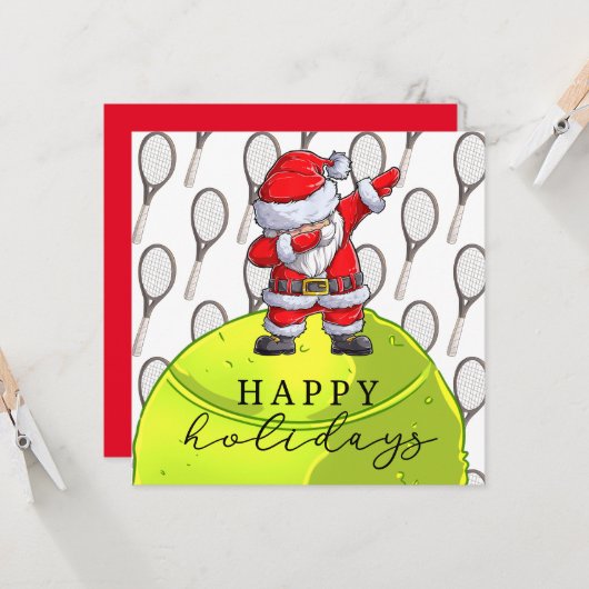 Tennis Kerstmis met Ball en Racket met Santa Kaart (Voorkant / Achterkant in situ)