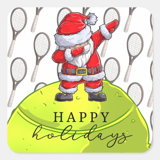 Tennis Kerstmis met Ball en Racket met Santa Vierkante Sticker (Voorkant)