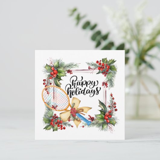 Tennis Kerstmis met Racket  aquarel Feestdagenkaart (Staand voorkant)