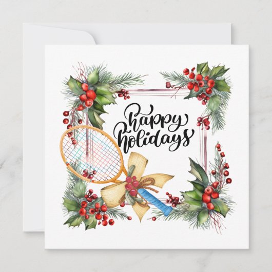 Tennis Kerstmis met Racket  aquarel Feestdagenkaart (Voorkant)