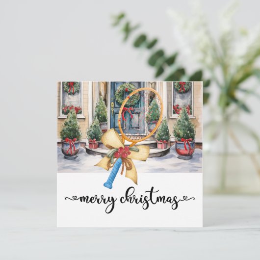 Tennis Kerstmis met Racket en Kerstmis thema Feestdagenkaart (Staand voorkant)