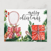 Tennis Kerstmis met Racket waterverf Feestdagenkaart (Voorkant)