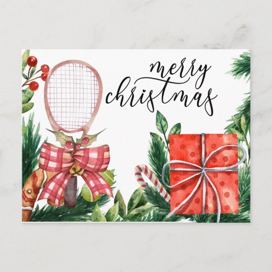 Tennis Kerstmis met Racket waterverf Feestdagenkaart (Voorkant)