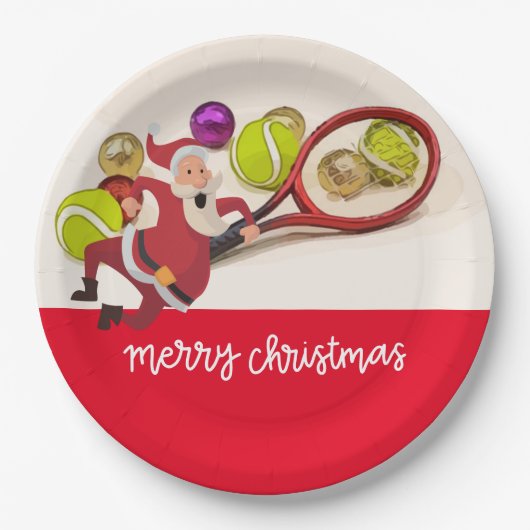 Tennis Kerstmis met Santa Claus Ball Racket Red Papieren Bordje (Voorkant)