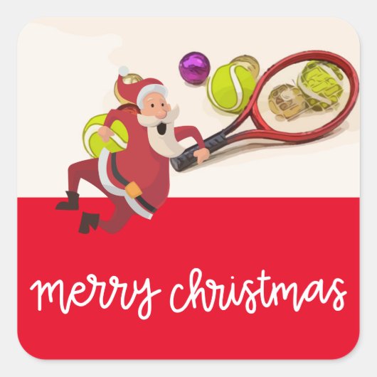 Tennis Kerstmis met Santa Claus Ball Racket Red Vierkante Sticker (Voorkant)