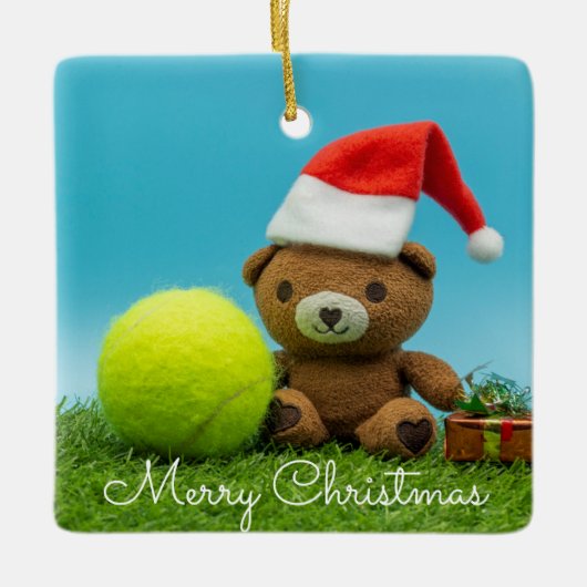 Tennis Kerstmis met teddybeer & cadeautje ornament (Voorkant)