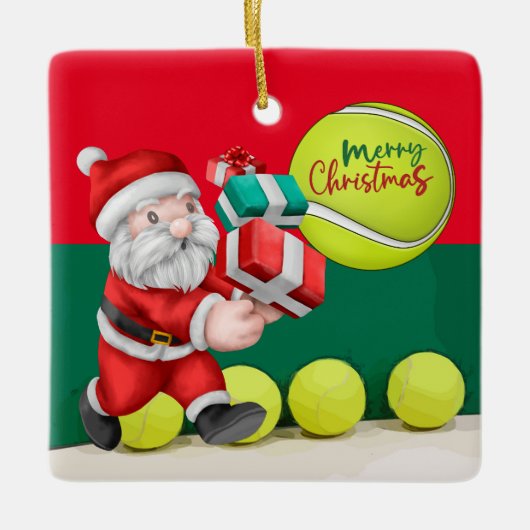 Tennis Kerstmis met tennisbal en kerstman Keramisch Ornament (Voorkant)