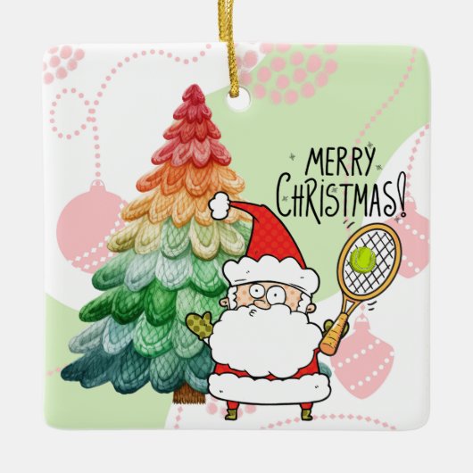 Tennis Kerstmis met tennisbal en kerstman Keramisch Ornament (Voorkant)