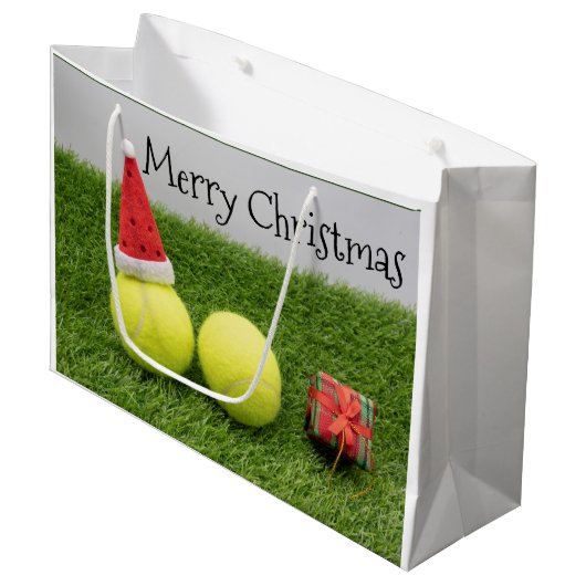 Tennis Kerstmis met tennisbal en Santa hat Groot Cadeauzakje (Voorkant Gekanteld)