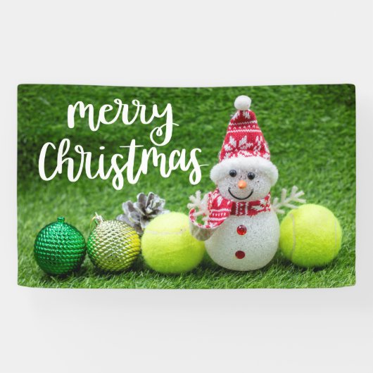 Tennis Kerstmis met tennisbal met Snowman Spandoek (Horizontaal)