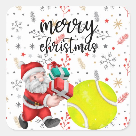Tennis Kerstmis met tennisbal Santa Claus Vierkante Sticker (Voorkant)