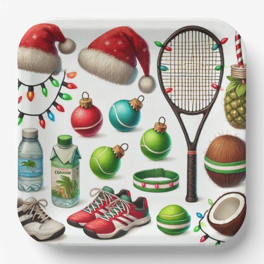 Tennis Kerstmis thema met racket en bal Papieren Bordje (Voorkant)