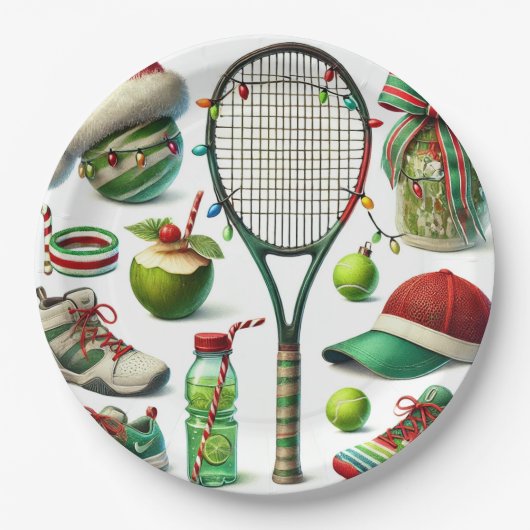 Tennis Kerstmis thema met racket en bal Papieren Bordje (Voorkant)