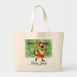 Tennis Kerstmis thema voor speler die kat liefheef Grote Tote Bag
