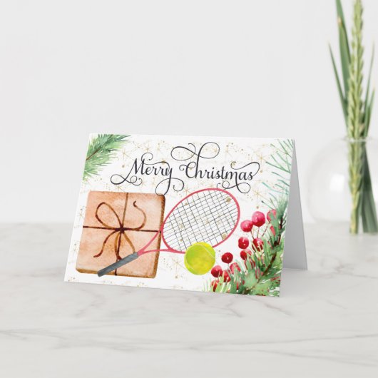Tennis-kersttennisbal Racket-waterverf Feestdagen Kaart (Voorkant)