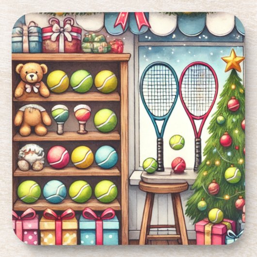 Tennis Kerstthema met bal en racket Bier Onderzetter (Voorkant)