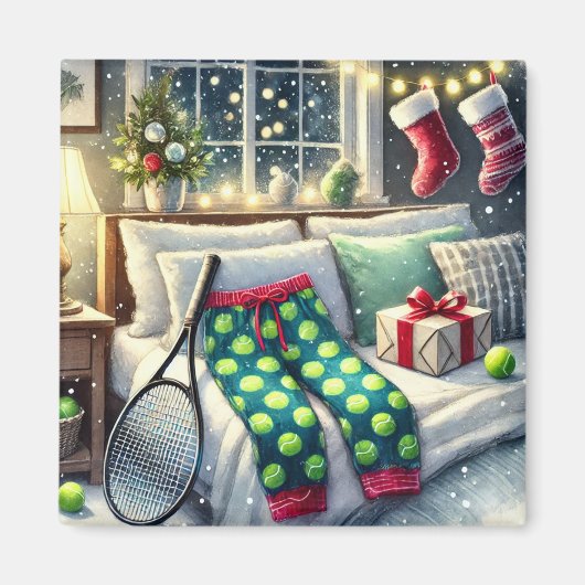 Tennis Kerstthema met bal en racket Magneet (Voorkant)