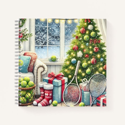 Tennis Kerstthema met bal en racket Notitieboek (Voorkant)