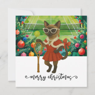 Tennis Kerstthema voor Siamese Kattenliefhebbers Feestdagenkaart