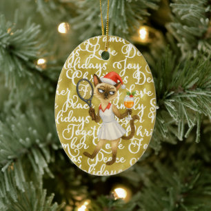 Tennis Kerstthema voor speler die kat liefheeft Keramisch Ornament