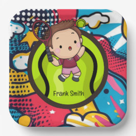 Tennis Kind Verjaardagsfeest Abstracte Achtergrond Papieren Bordje