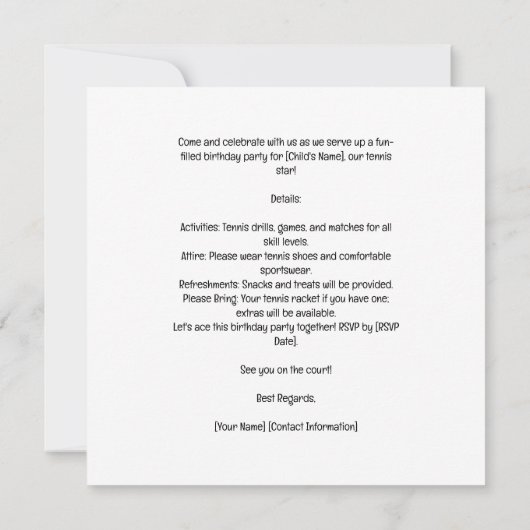 Tennis Kind verjaardagsfeestje Save The Date (Achterkant)