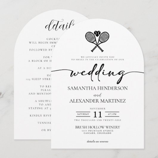 Tennis liefde met details bruiloft kaart (Voorkant / Achterkant)
