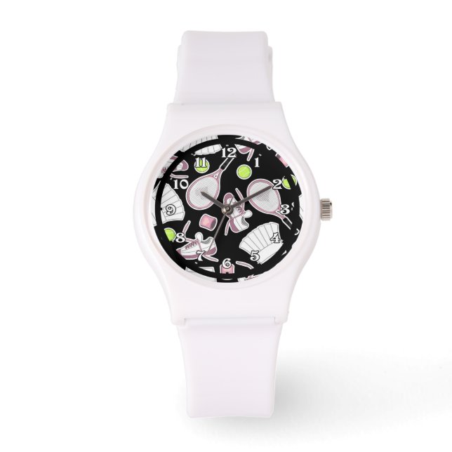 Tennis Liefde Patroon Roze en Zwart Horloge (Voorkant)
