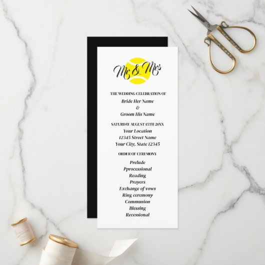 Tennis liefhebbers bruiloft ceremonie programma programmakaart (Voorkant / Achterkant in situ)