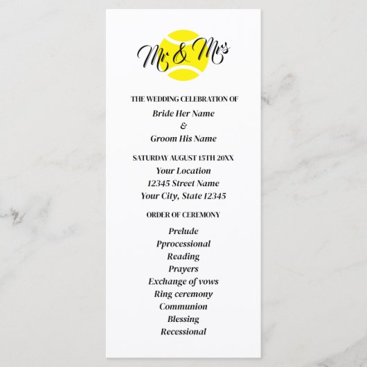 Tennis liefhebbers bruiloft ceremonie programma programmakaart (Voorkant)