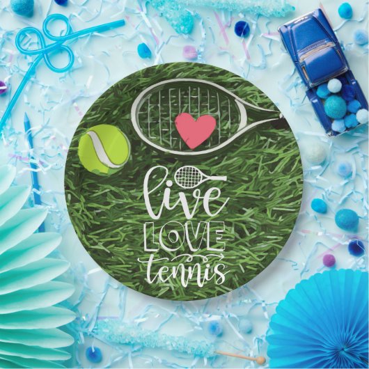 Tennis Live Love Tennis met bal en racket Papieren Bordje (Feest)