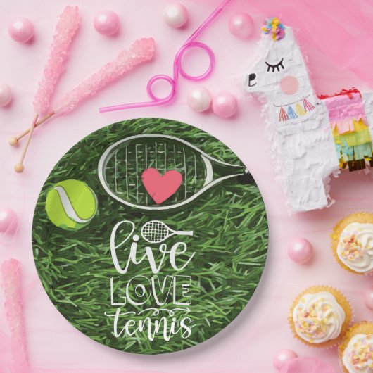 Tennis Live Love Tennis met bal en racket Papieren Bordje (Feest)
