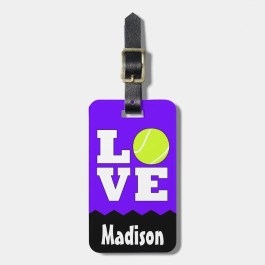 Tennis LOVE Aangepaste naam & kleur Tennis Racket  Bagagelabel (Voorkant verticaal)