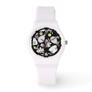 Tennis Love Pattern Pink and Black Horloge
