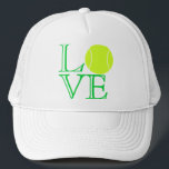 Tennis Love Trucker Hat Pet<br><div class="desc">Dit pet "Tennis Love" scoren zeker punten met tennisspelers. (Dat heet ironie,  kinderen.) In het pet staat het woord 'LOVE' in groen,  open en open letterwoord,  terwijl je een tennisbal gebruikt voor de 'O'. Het ontwerp werkt op veel niveaus,  dus kies gewoon je favoriet en beveel dit pet!</div>