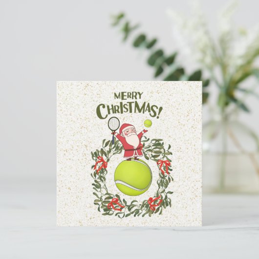 Tennis Merry Kerstmis met kerstman Feestdagenkaart (Staand voorkant)