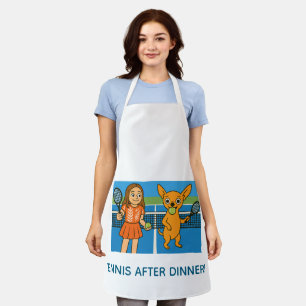 Tennis met een vrouw en een chihuahua schort