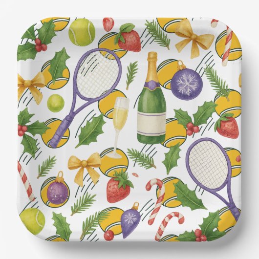 Tennis met kerstbal en racket papieren bordje (Voorkant)