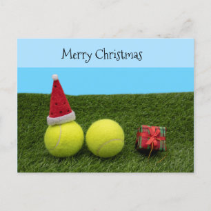 Tennis met Kerstmis Kerstman hoed op groen Feestdagenkaart