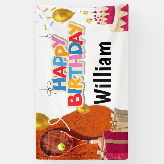 Tennis met racket en bal Happy Birthday Spandoek (Verticaal)