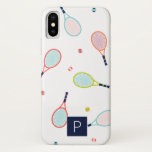 Tennis Monogram Blauwe Groen Aangepast Case-Mate iPhone Case<br><div class="desc">Dit leuke tennisracquet- en ballpatroon in een blauwgroen,  roze,  koraal,  oranje en groen is perfect voor de atleet,  coach of speler in je leven. Personaliseer het monogram van uw keuze.</div>