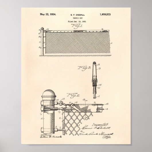 Tennis Net 1934 Patent Art Old Peper Poster (Voorkant)
