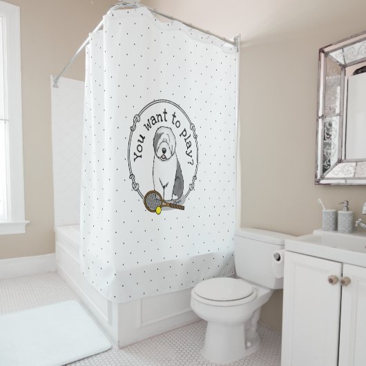 Tennis Old English Sheepdog (Grey 1) Dog Cute) Douchegordijn (In situ)