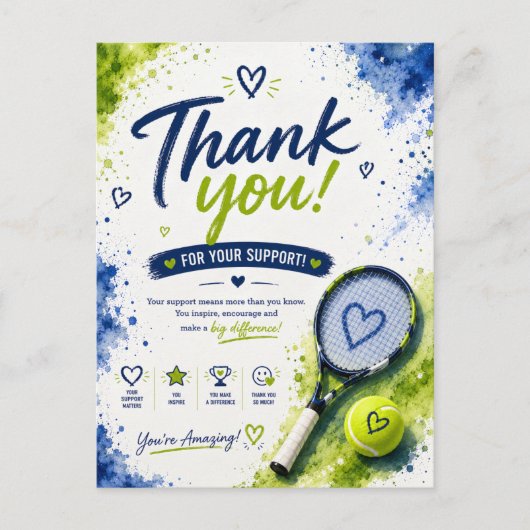 Tennis Ondersteuning Waardering Briefkaart (Voorkant)
