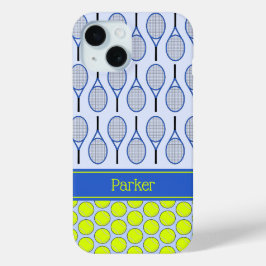 Tennis patroon aangepaste naam blauw iPhone 15 case