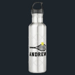 Tennis Personalized Silver Gray Waterfles<br><div class="desc">Silver Grey,  Black en White Persoonlijke Stainless Steel Metal Water Bottle met een simpele,  sportieve en moderne tennisracketnaam in een klassiek sportief lettertype met een subtiele tennisrechter netachtergrond.</div>